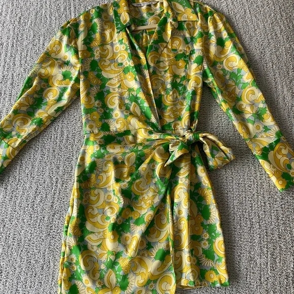 Zara Dresses Zara Floral Paisley Green And Yellow Wrap Dress